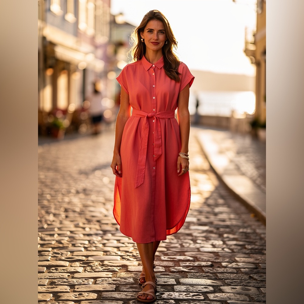 Tommy Bahama Coral Midi Dress with Tie Waist